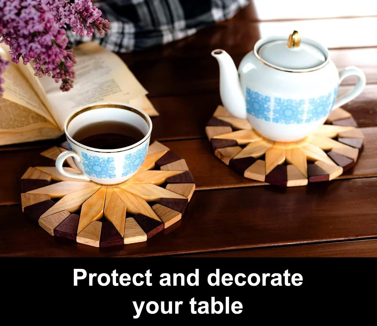 Set of 2 Natural Wood Trivets for Hot Dishes - 7-Inch Durable Kitchen Hot Pads with Festive Design, Made in Ukraine
