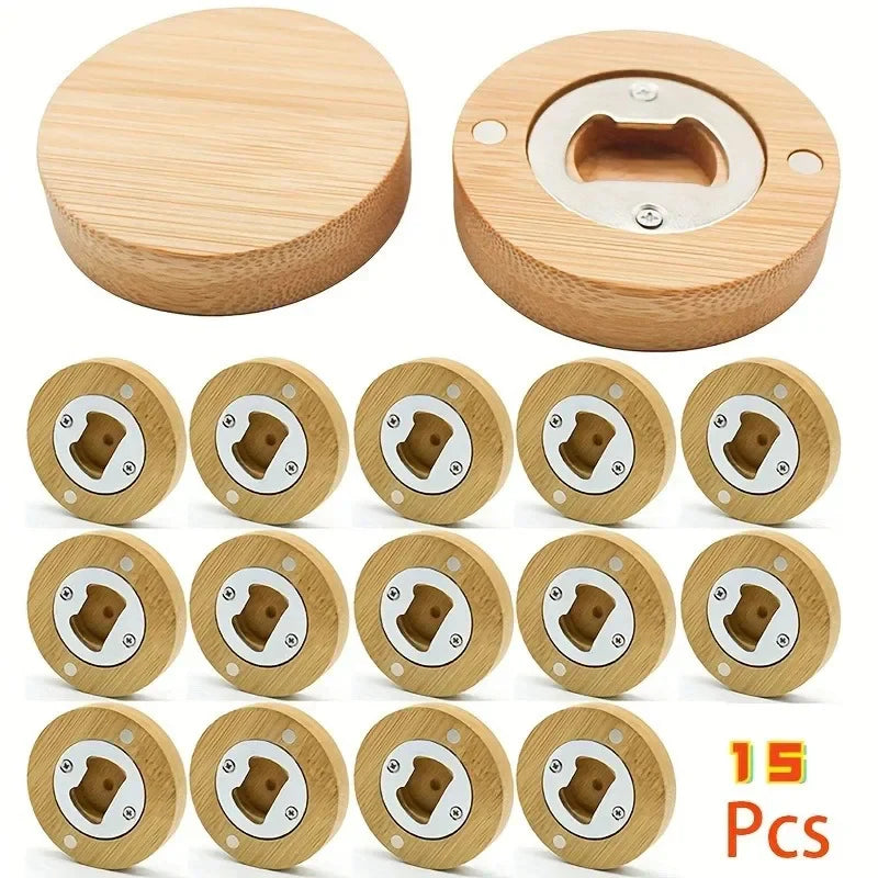 Bamboo Magnetic Bottle Opener - Round Wooden Openers for Bar Decoration and Home Use, 2.6" Coaster Gift for Weddings and Parties