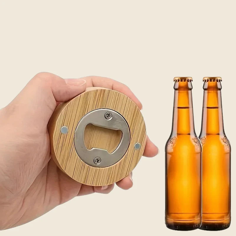 Bamboo Magnetic Bottle Opener - Round Wooden Openers for Bar Decoration and Home Use, 2.6" Coaster Gift for Weddings and Parties