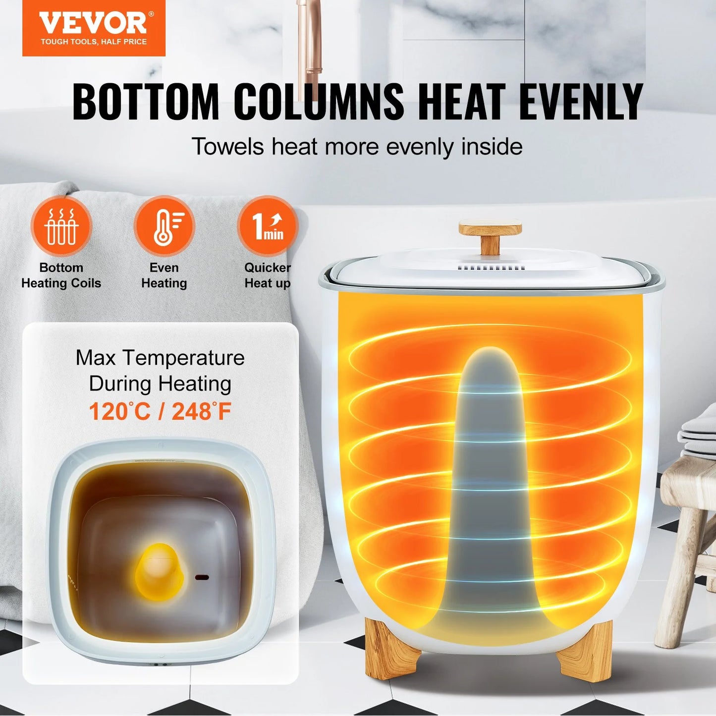 VEVOR 25L Towel Warmer with Dual Heating Modes, Auto Shut Off Timer, Bottom Heating Columns, LED Display - Ideal for Towels, Bathrobes, Blankets, and Pajamas in Bathroom and Spa Settings