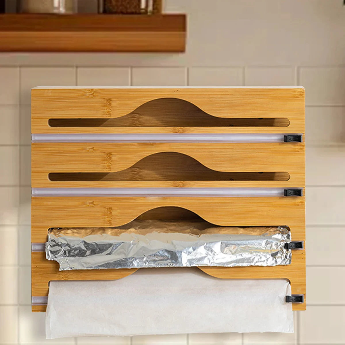 Wrapneat Multi-Functional Kitchen Wrap Organizer with Cutter and Labels for 12" Rolls - Plastic Wrap, Aluminum Foil, and Wax Paper Dispenser