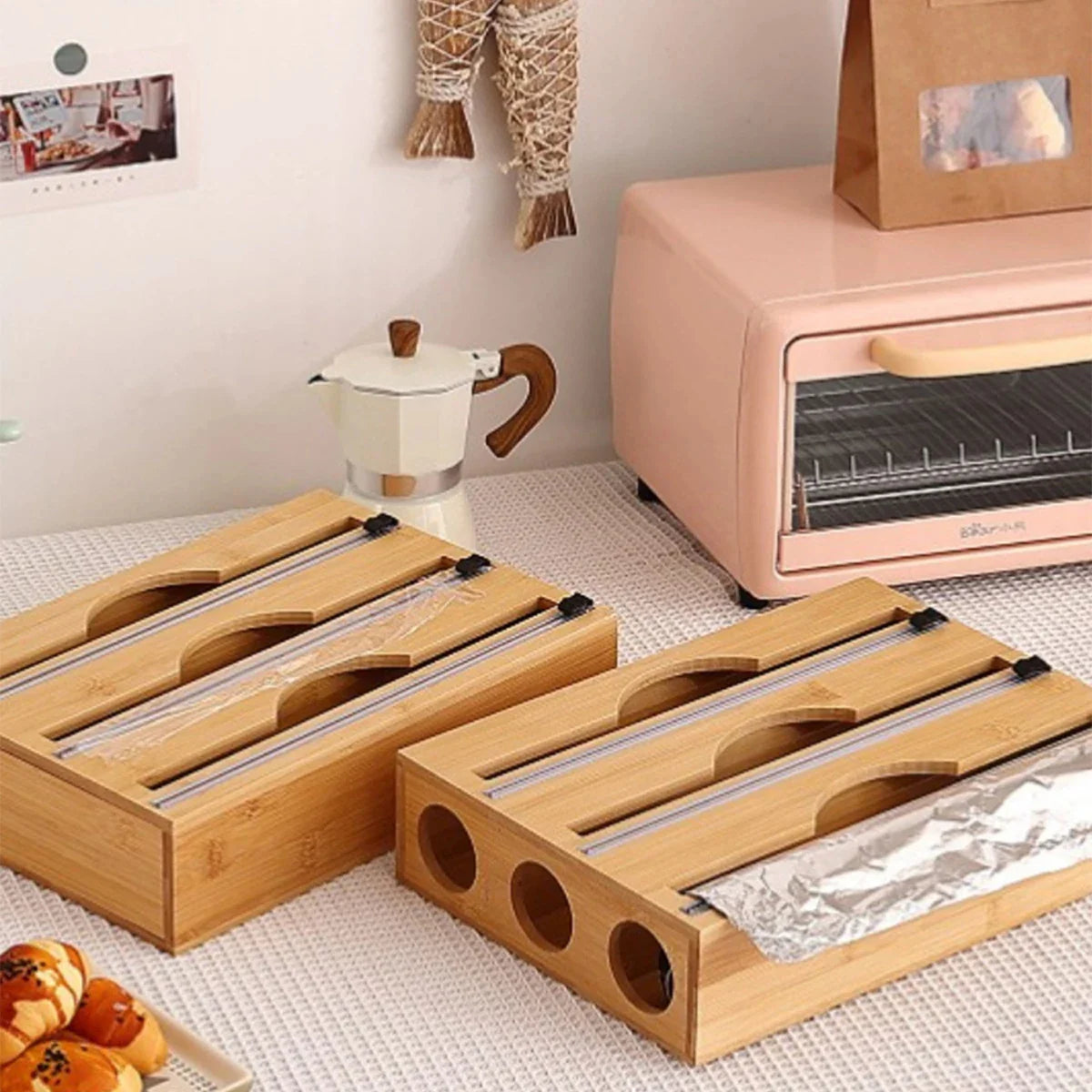 Wrapneat Multi-Functional Kitchen Wrap Organizer with Cutter and Labels for 12" Rolls - Plastic Wrap, Aluminum Foil, and Wax Paper Dispenser