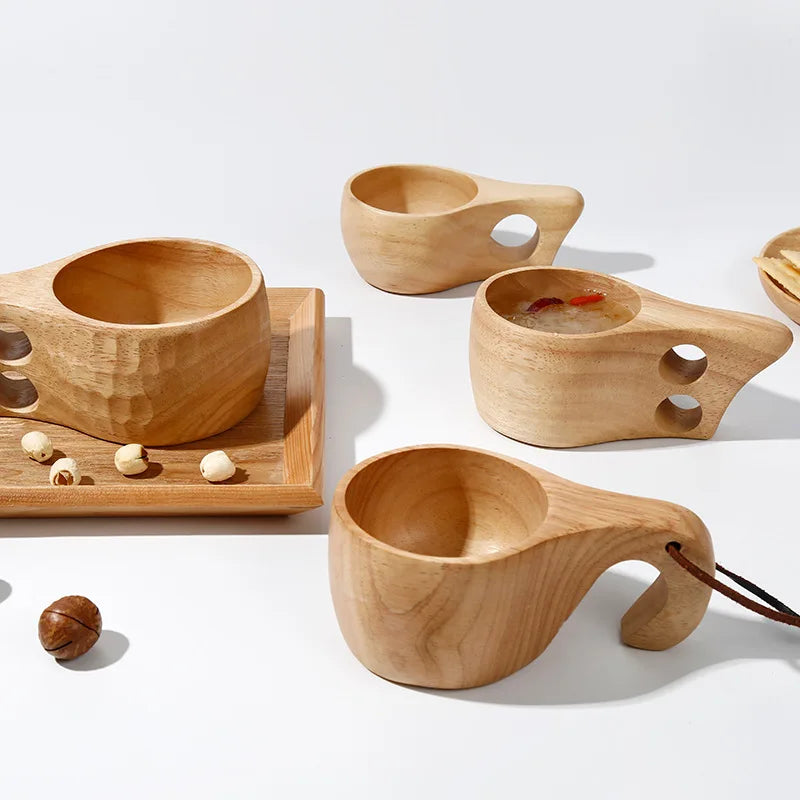 Handcrafted Nordic Wooden Coffee Mug - Natural Rubberwood Beverage Cup for Milk, Coffee, and Tea