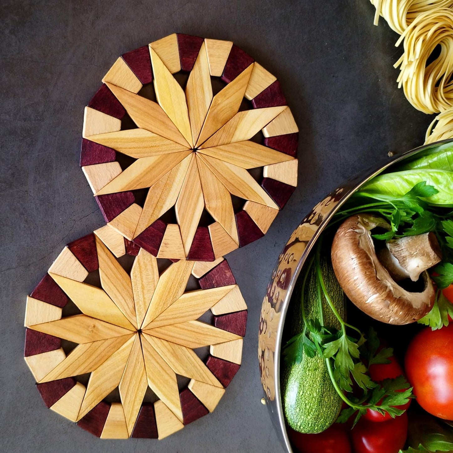 Set of 2 Natural Wood Trivets for Hot Dishes - 7-Inch Durable Kitchen Hot Pads with Festive Design, Made in Ukraine