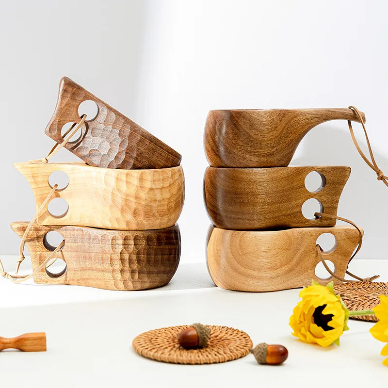 Handcrafted Nordic Wooden Coffee Mug - Natural Rubberwood Beverage Cup for Milk, Coffee, and Tea