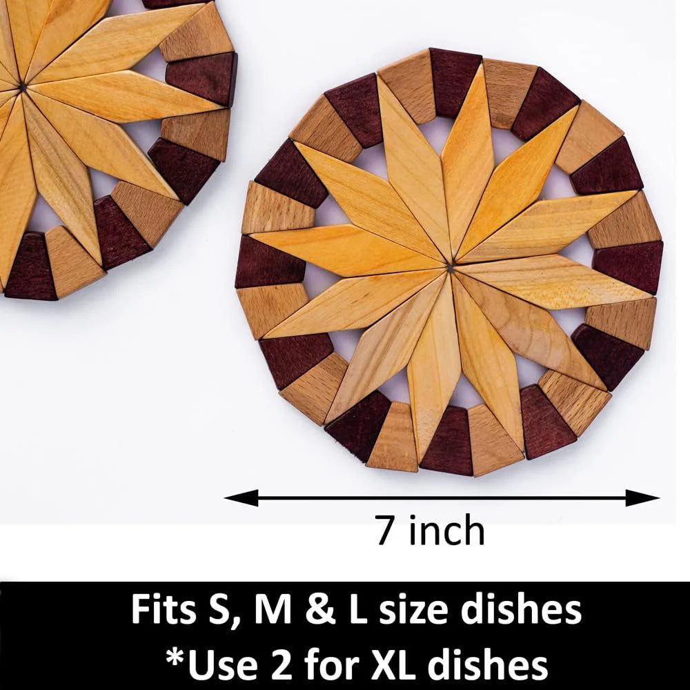 Set of 2 Natural Wood Trivets for Hot Dishes - 7-Inch Durable Kitchen Hot Pads with Festive Design, Made in Ukraine