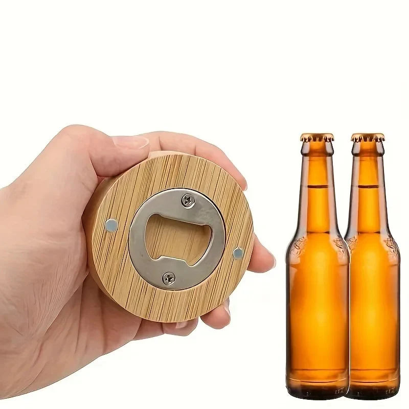Bamboo Magnetic Bottle Opener - Round Wooden Openers for Bar Decoration and Home Use, 2.6" Coaster Gift for Weddings and Parties