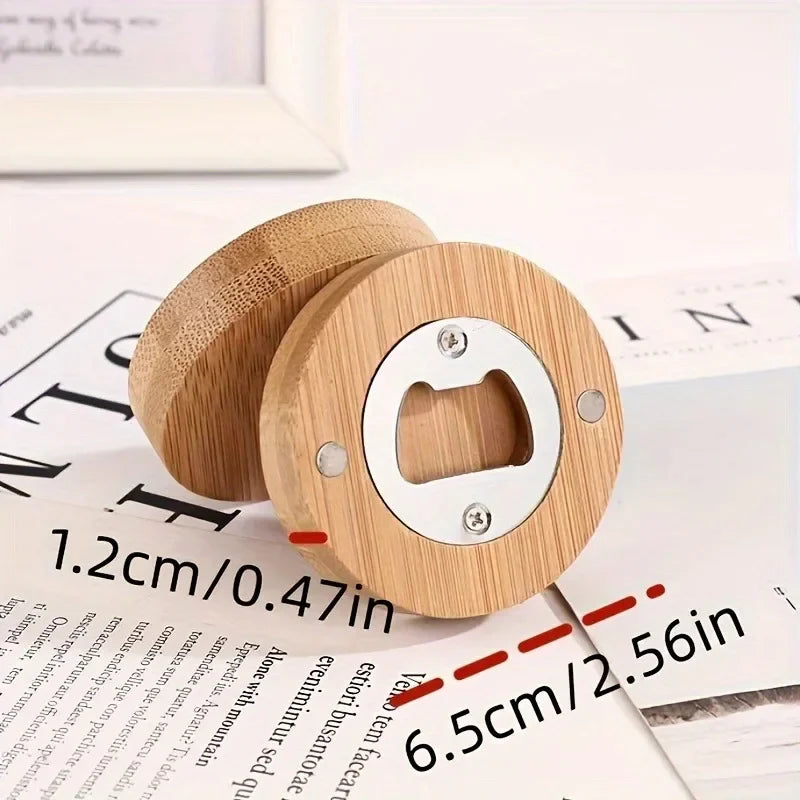 Bamboo Magnetic Bottle Opener - Round Wooden Openers for Bar Decoration and Home Use, 2.6" Coaster Gift for Weddings and Parties