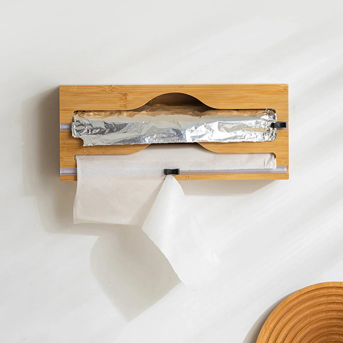 Wrapneat Multi-Functional Kitchen Wrap Organizer with Cutter and Labels for 12" Rolls - Plastic Wrap, Aluminum Foil, and Wax Paper Dispenser