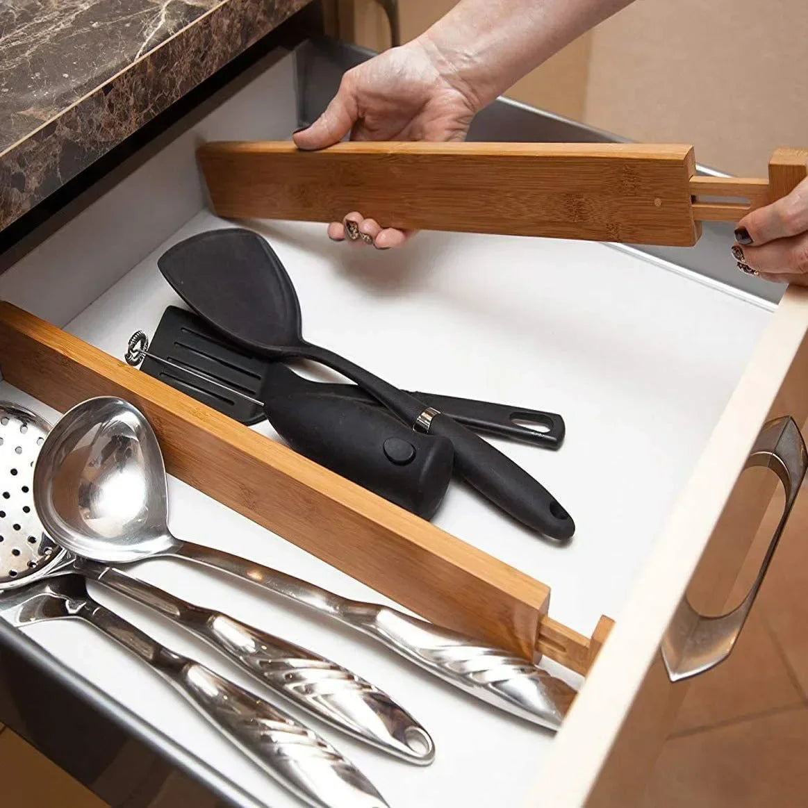 Adjustable Bamboo Kitchen Drawer Dividers and Expandable Utensil Organizer (17-22 inches) - 4 Pack for Kitchen, Closet, and Dresser Storage