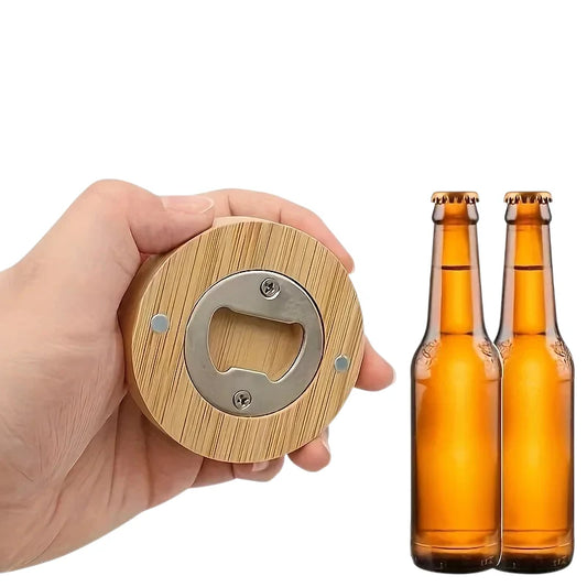 Bamboo Magnetic Bottle Opener - Round Wooden Openers for Bar Decoration and Home Use, 2.6" Coaster Gift for Weddings and Parties
