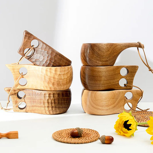Handcrafted Nordic Wooden Coffee Mug - Natural Rubberwood Beverage Cup for Milk, Coffee, and Tea